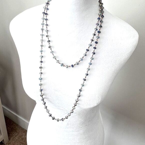 Gorgeous Long Sparkling Crystal Glass Blue Necklace 60” Layering/Wrap Piece - Picture 5 of 13